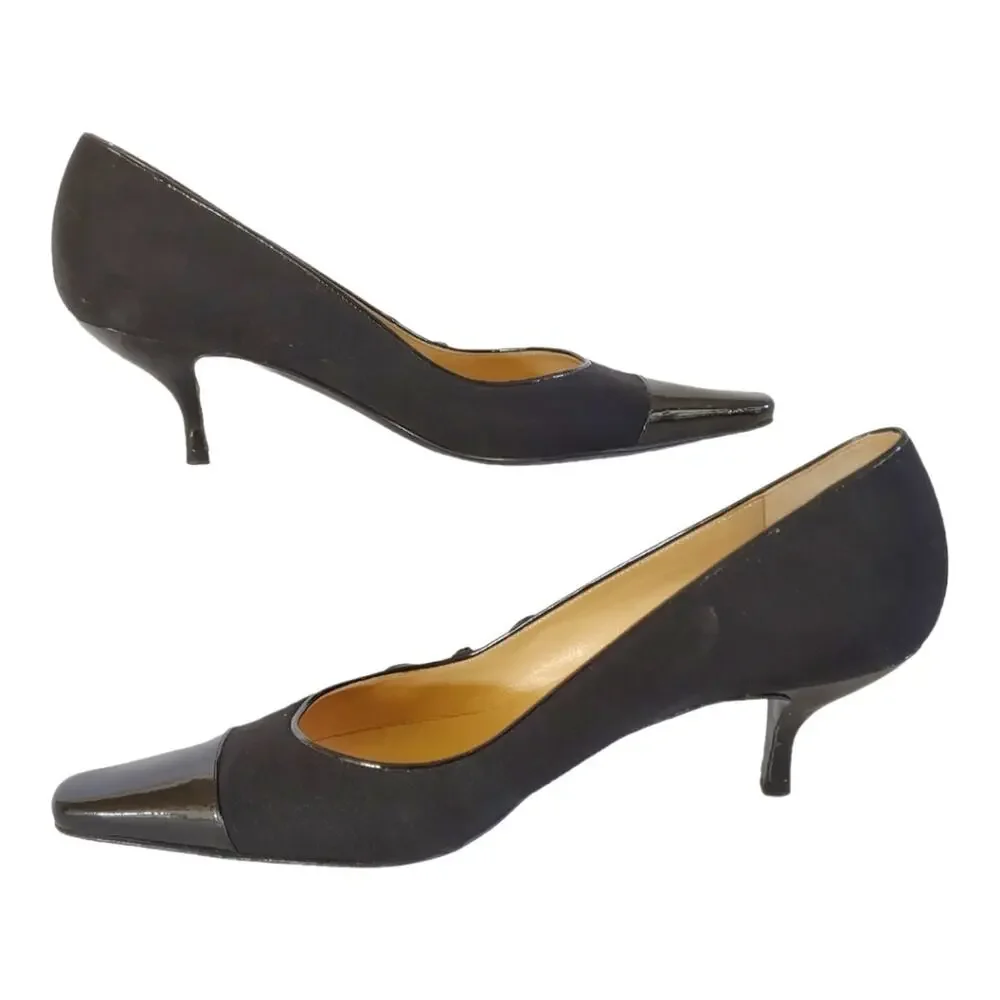 CHANEL Black Kitten Heels US Sz 8 Canvas Patent Leather Pumps EU Sz 38.5 Luxury